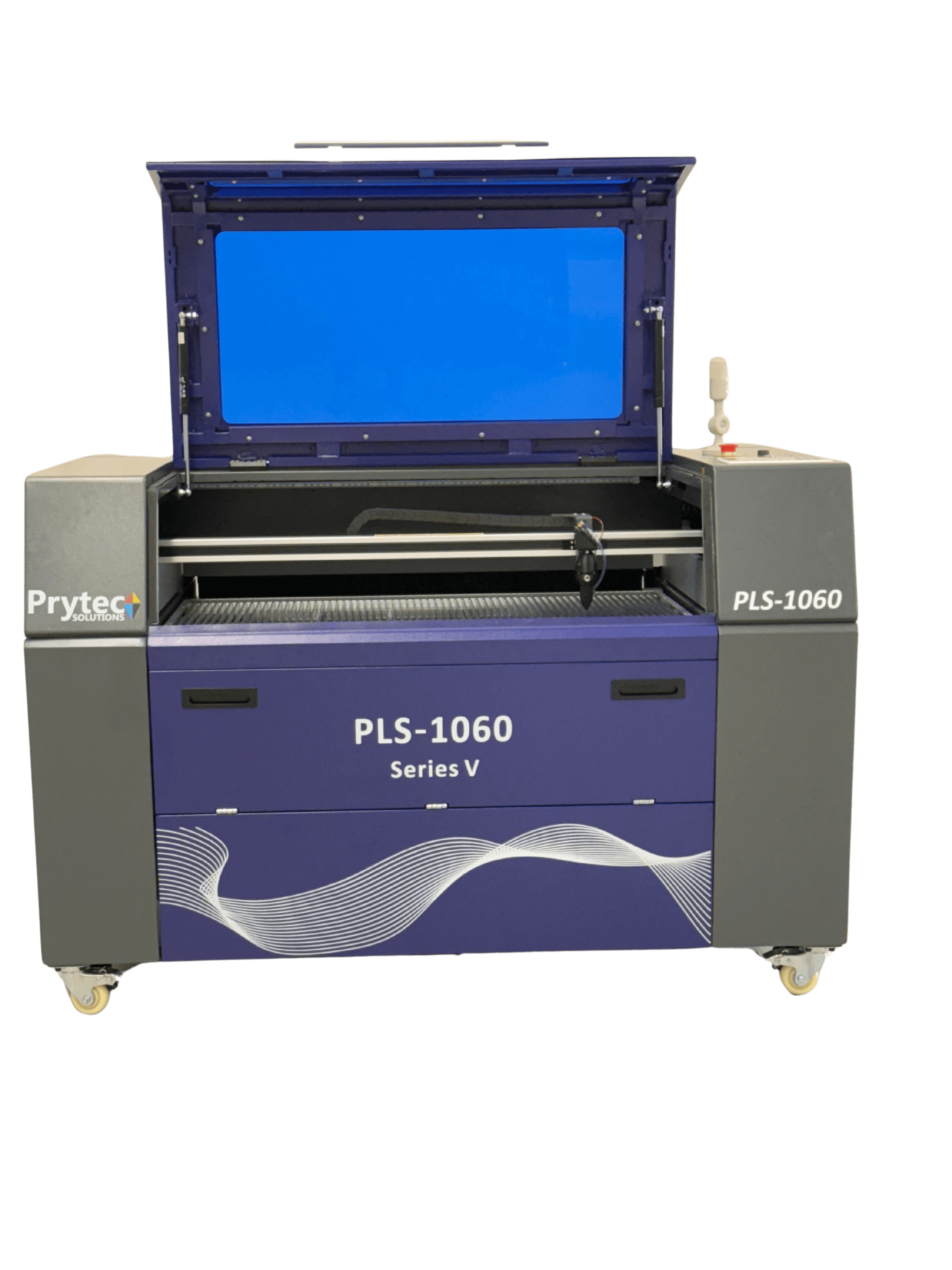 Prytec PLS-1060 Laser Cutting Machine Prytec PLS-1060 Series V laser cutting machine with an open lid and blue display.